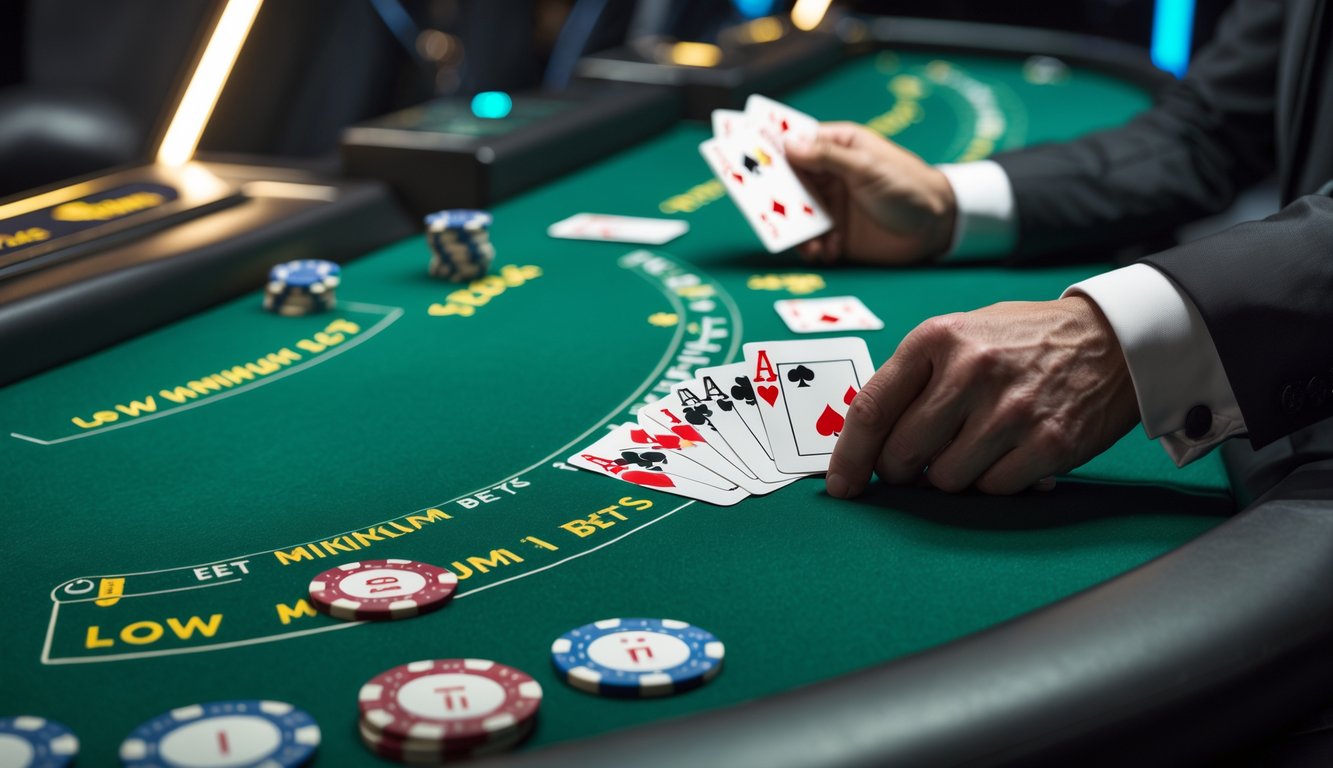 Meja blackjack di kasino modern dengan kartu dan chip taruhan rendah, dealer sedang membagikan kartu.