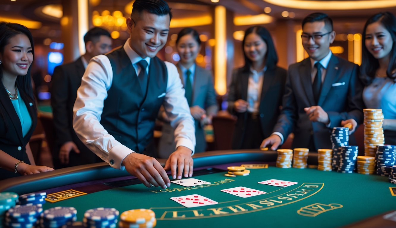 Meja blackjack dengan dealer dan pemain yang sedang bermain kartu di kasino di Indonesia.