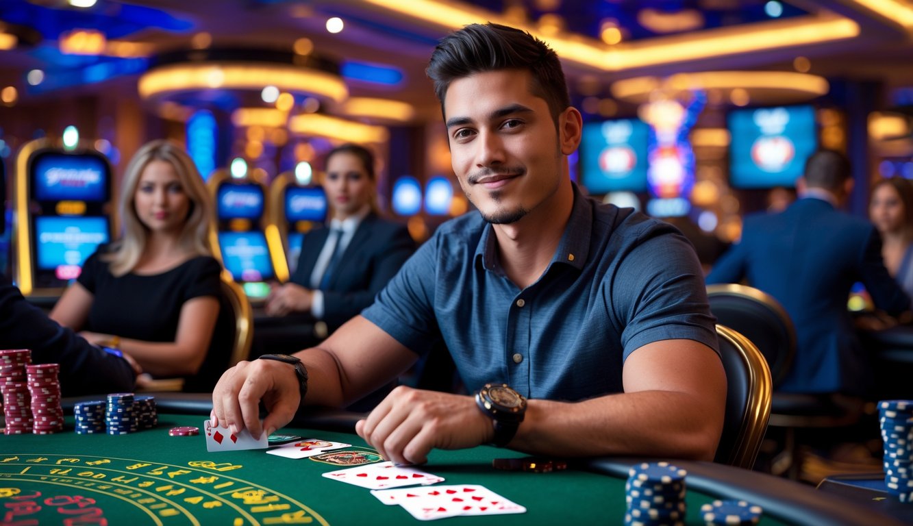 Seorang pria muda duduk di meja kasino bermain blackjack dengan kartu dan chip di depan, suasana penuh semangat dan fokus.