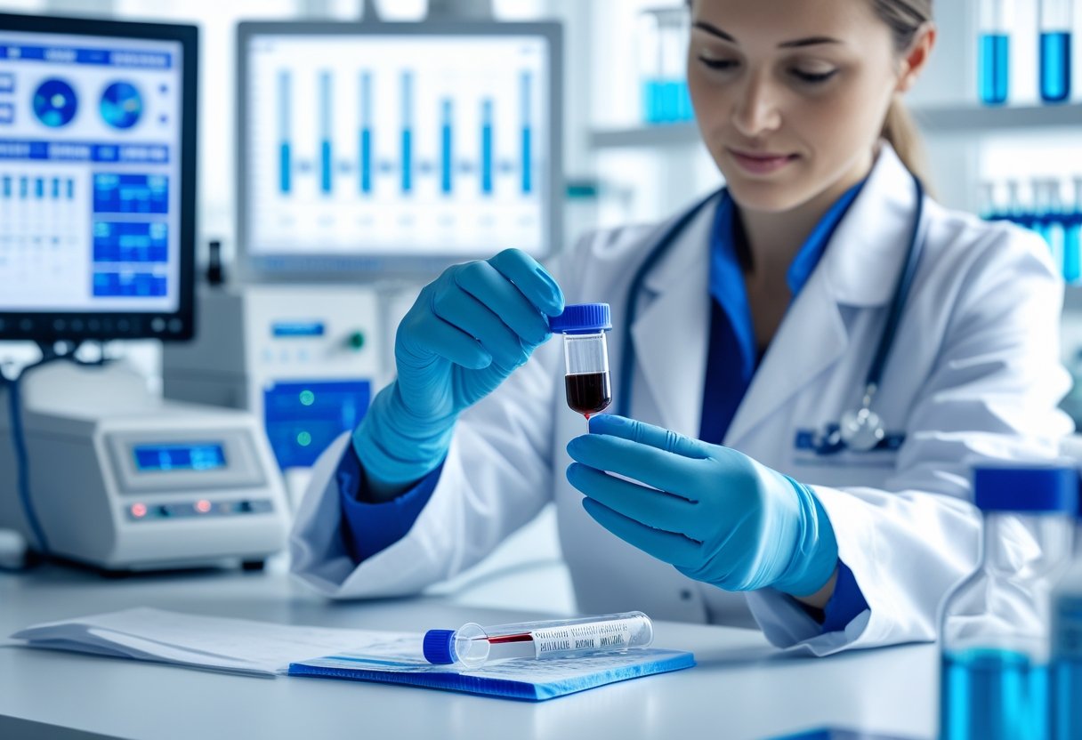 A healthcare professional handling a blood sample in a medical laboratory with lab equipment and monitors in the background.
