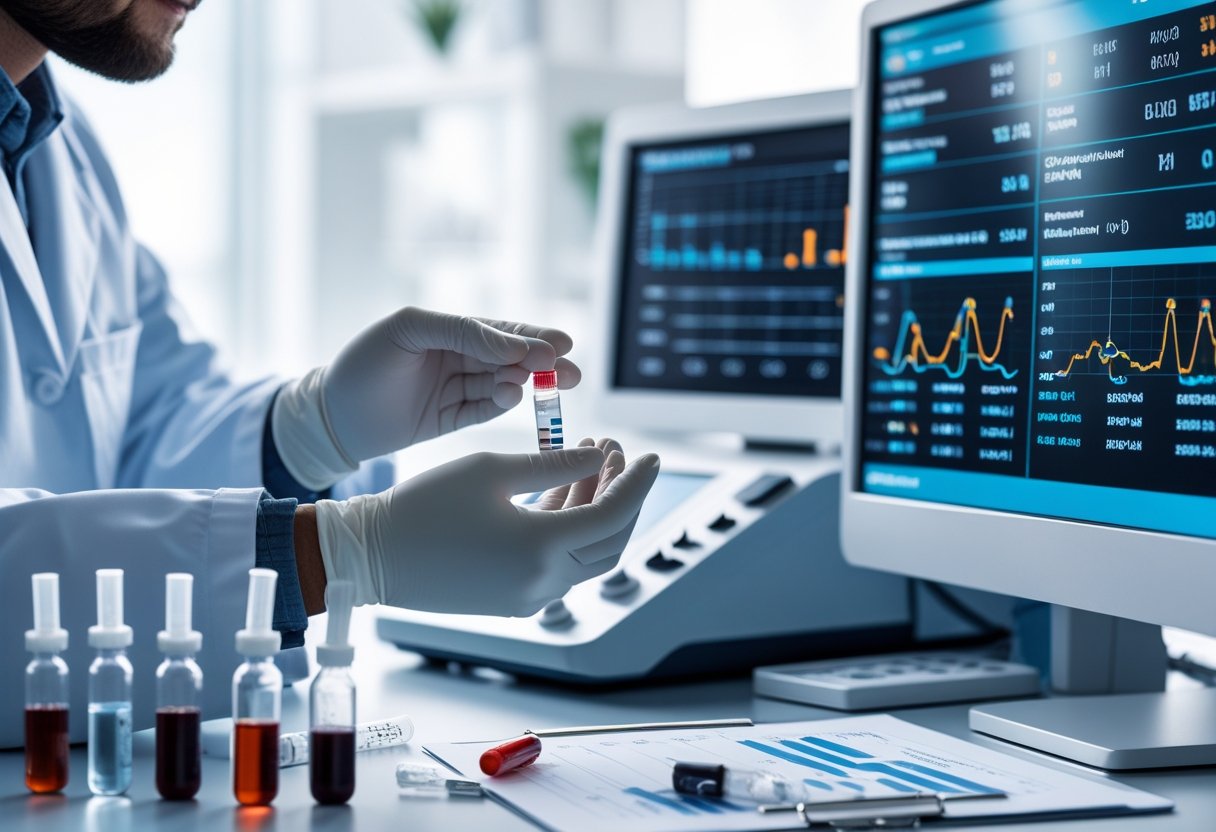 A healthcare professional handling blood samples and reviewing blood test results in a medical laboratory.