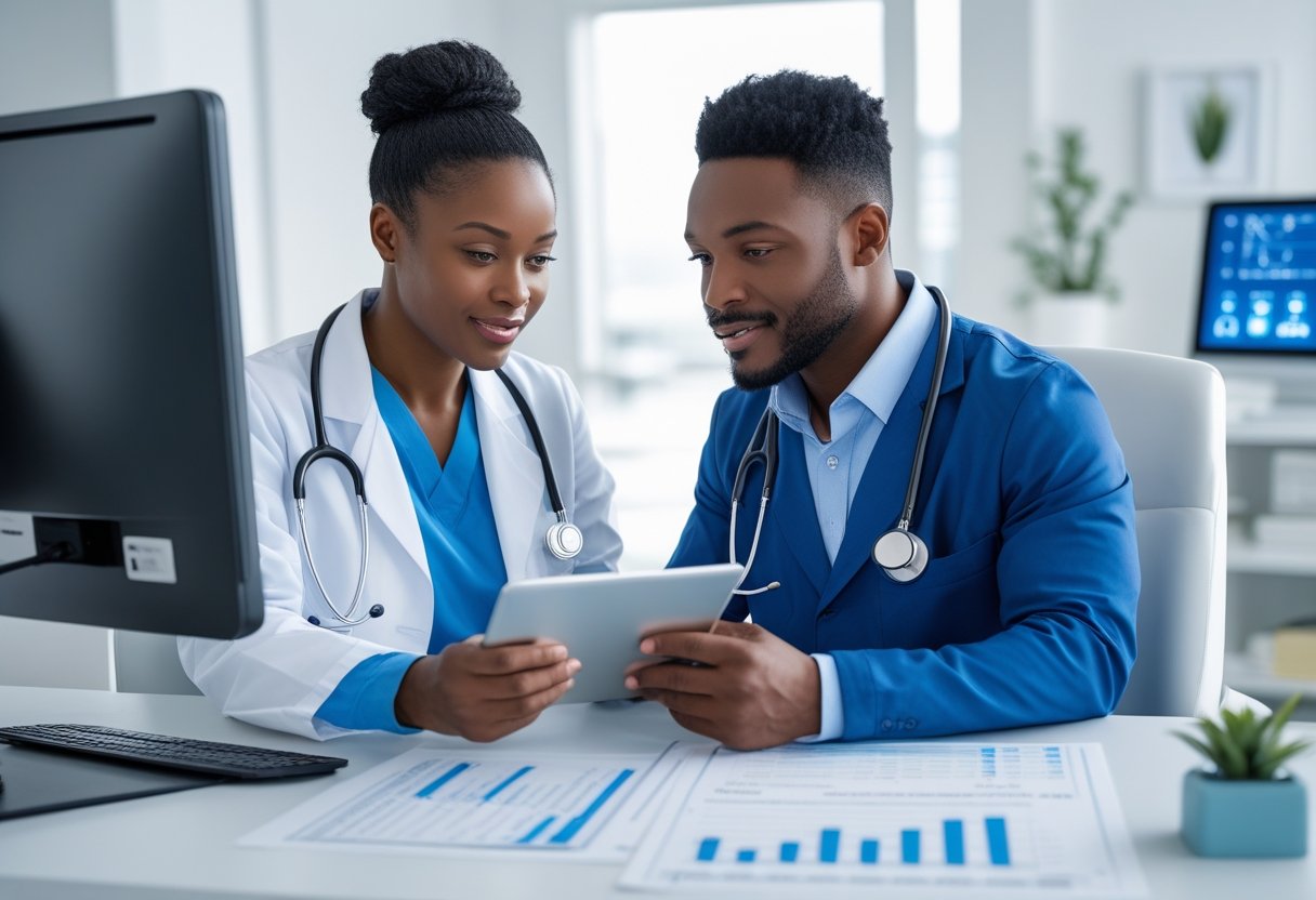 A doctor and patient discussing medical documents and insurance paperwork in a bright medical office.