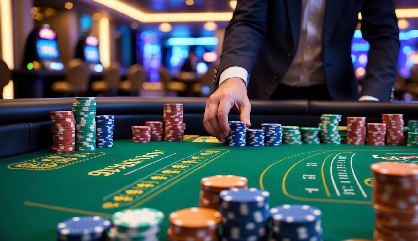 Meja blackjack di kasino dengan tumpukan chip dan kartu di atasnya, suasana cerah dan ramai.