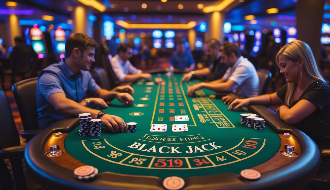 Meja blackjack di kasino dengan pemain yang sedang bermain dan tumpukan chip di atas meja.