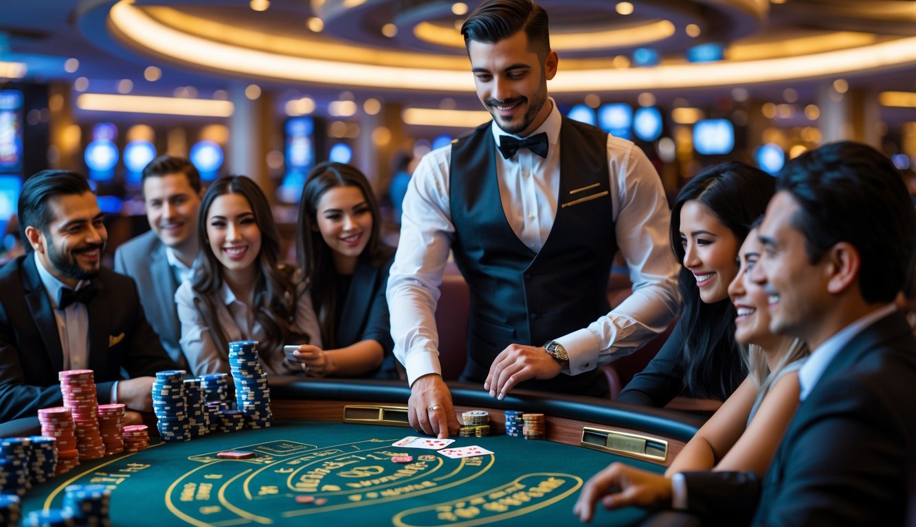 Seorang dealer dan beberapa pemain duduk mengelilingi meja blackjack di dalam kasino yang elegan.