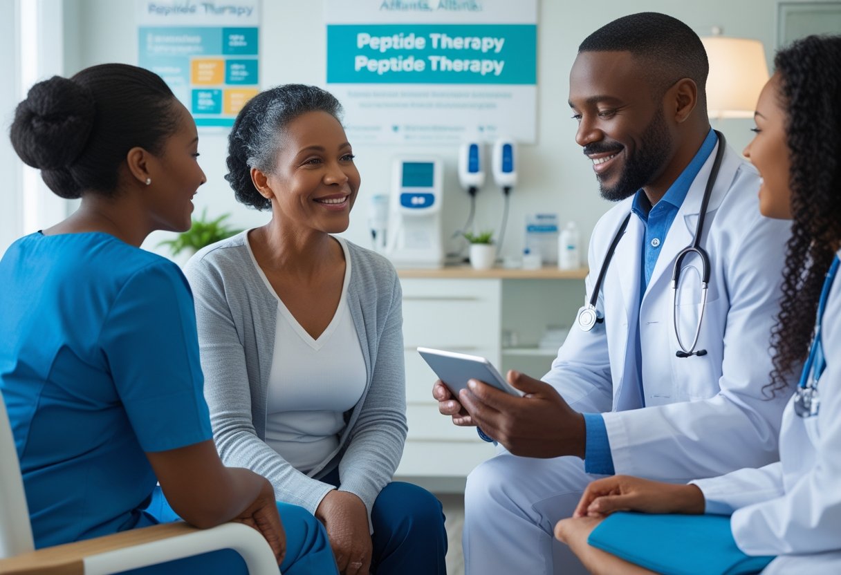 A doctor listens attentively to a patient sharing her experience in a bright medical clinic.