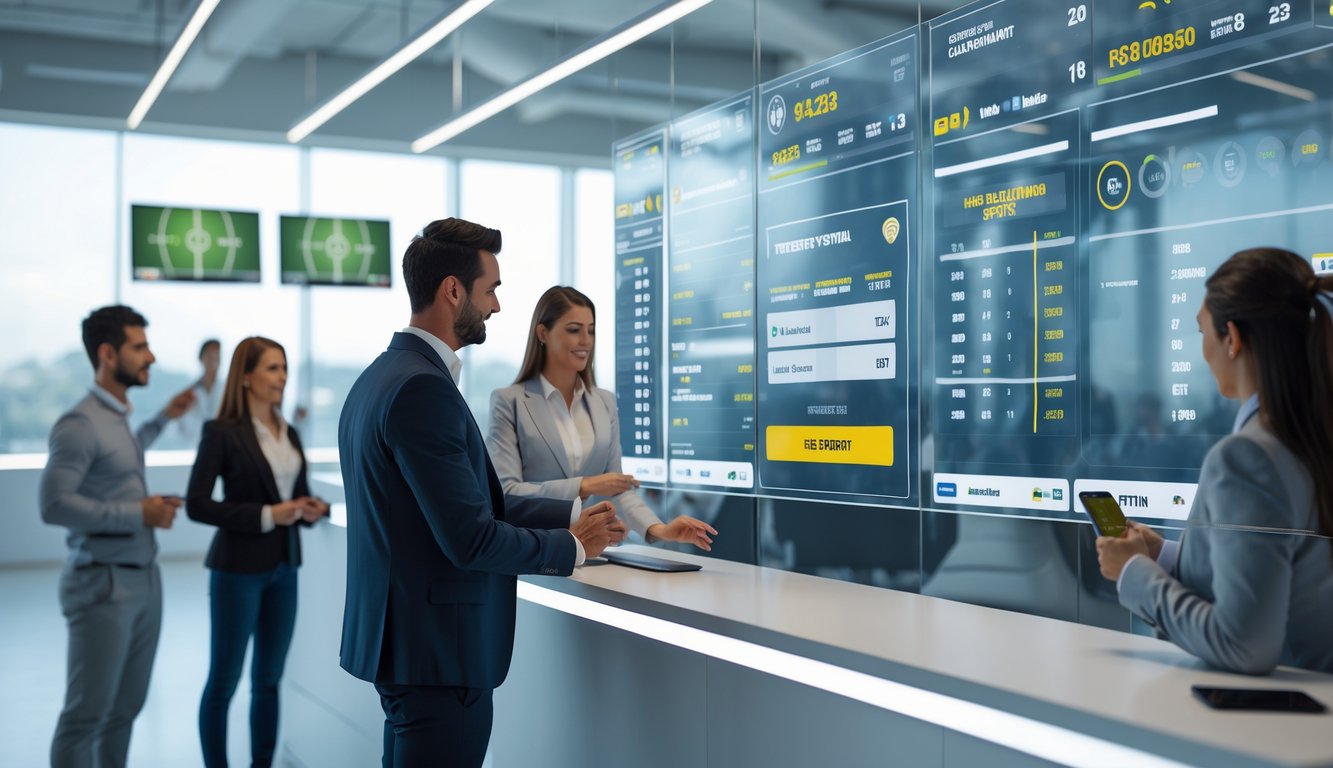 Orang-orang menggunakan layar sentuh digital di kantor taruhan bola modern dengan tampilan statistik dan opsi taruhan sepak bola.