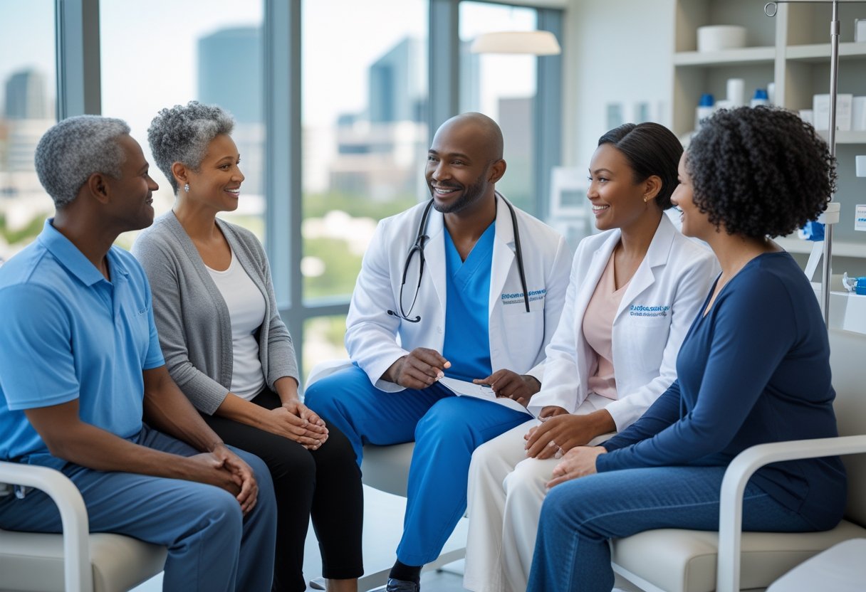 A healthcare provider talking with diverse patients in a modern medical clinic with large windows showing a city view.