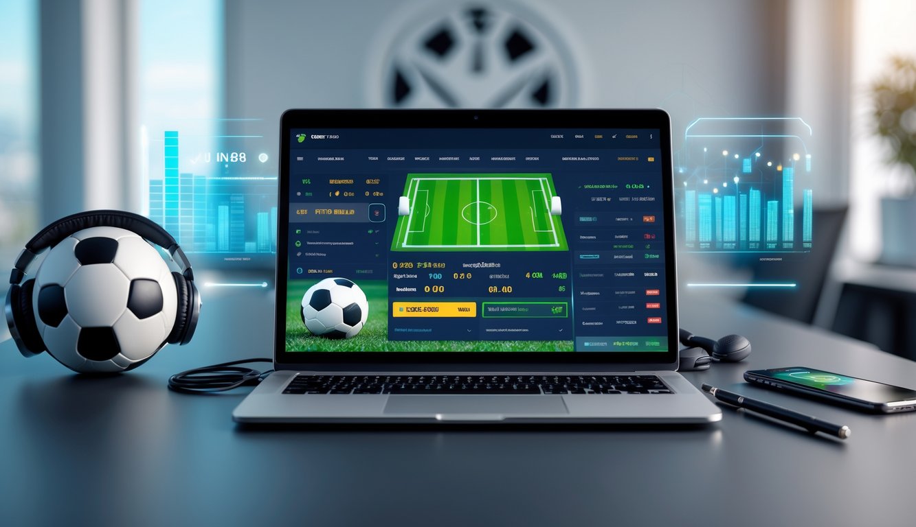 Meja kerja modern dengan laptop yang menampilkan antarmuka taruhan sepak bola 1X2, bola sepak, dan smartphone di lingkungan kantor yang terang.