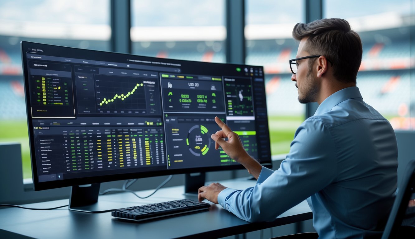 Seorang profesional menggunakan komputer dengan layar yang menampilkan data taruhan sepak bola 1X2 dan statistik pertandingan di ruang kantor modern.