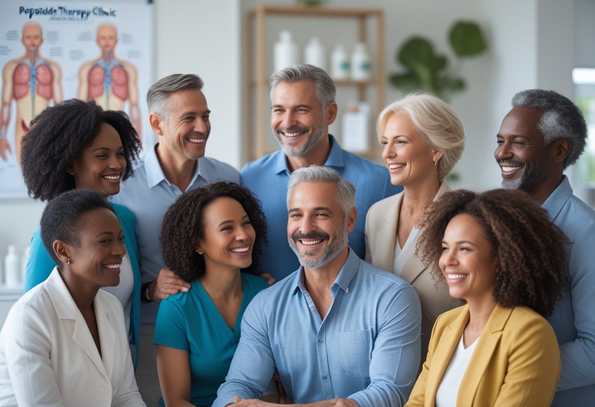 A group of diverse adults smiling and interacting in a bright medical clinic, showing signs of health and well-being.