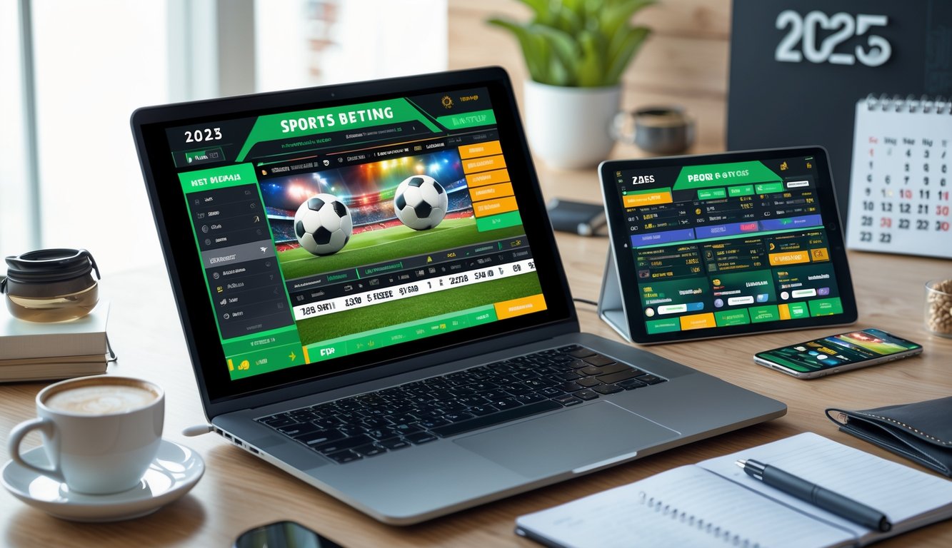 Meja kerja dengan laptop, ponsel, dan tablet yang menampilkan antarmuka taruhan sepak bola online 1X2, dengan suasana kerja yang rapi dan modern.