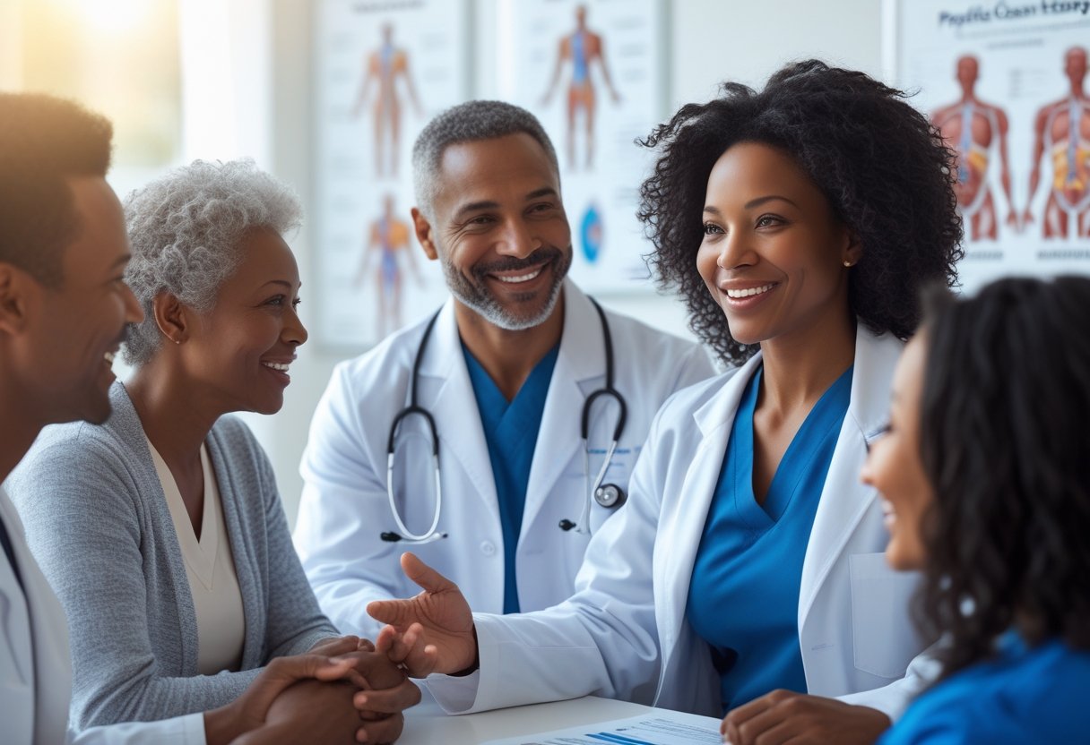 A middle-aged Black woman smiling and talking with a healthcare professional in a modern medical clinic.