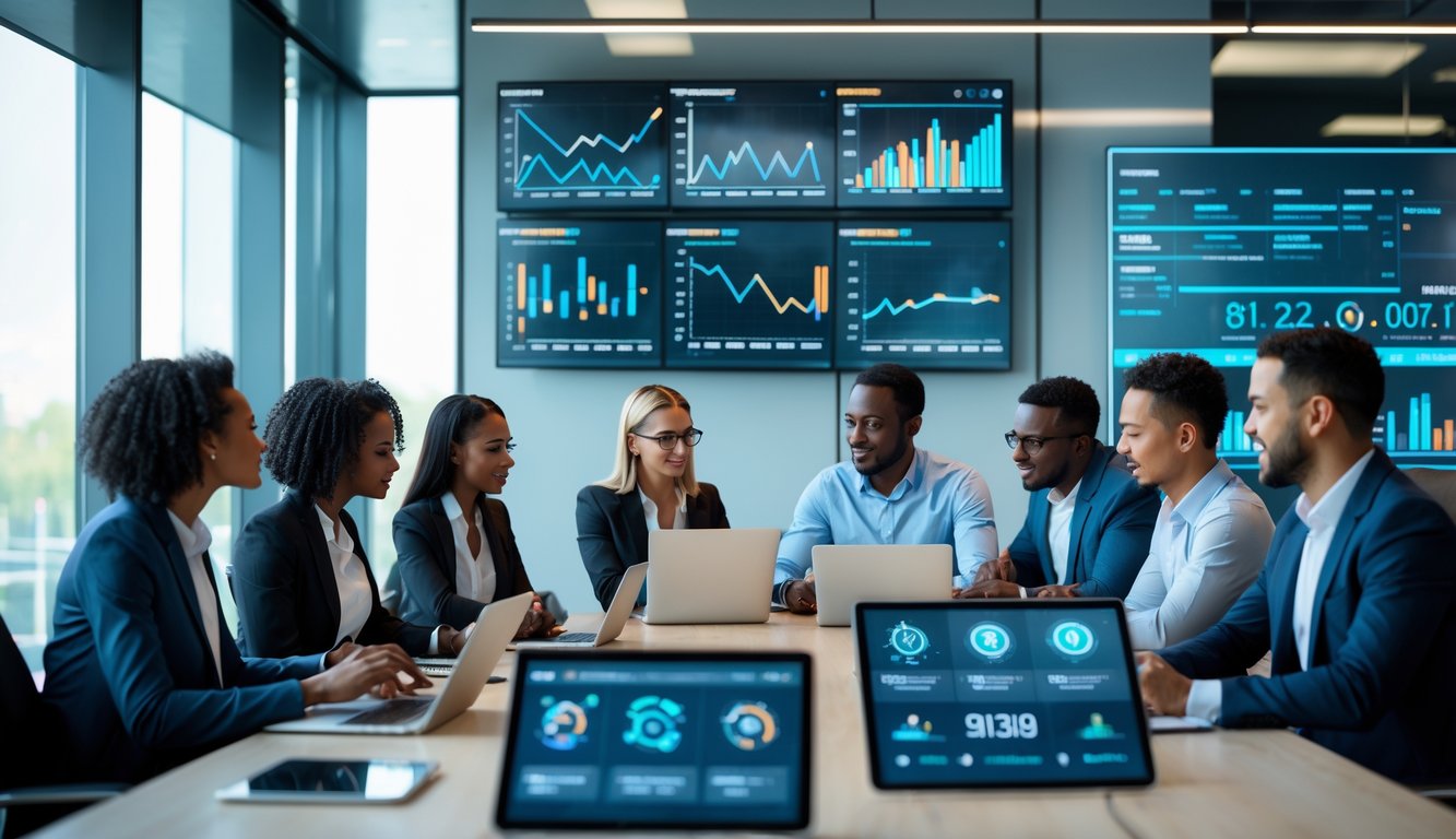 Sekelompok orang sedang berdiskusi di kantor modern dengan layar digital yang menampilkan grafik dan data terkait taruhan olahraga.