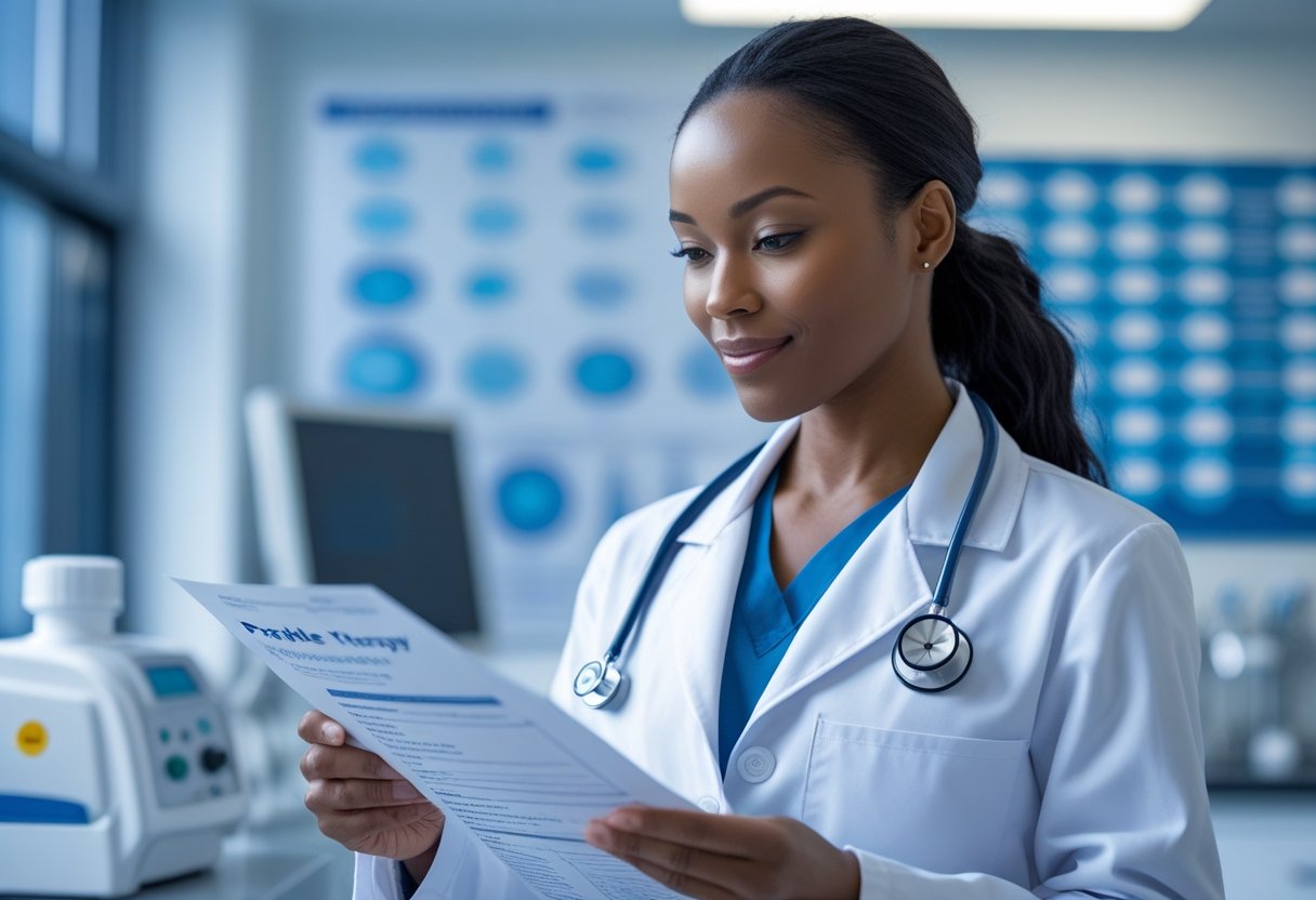 A medical practitioner in a white coat reviewing certification documents in a clinical setting with medical equipment in the background.