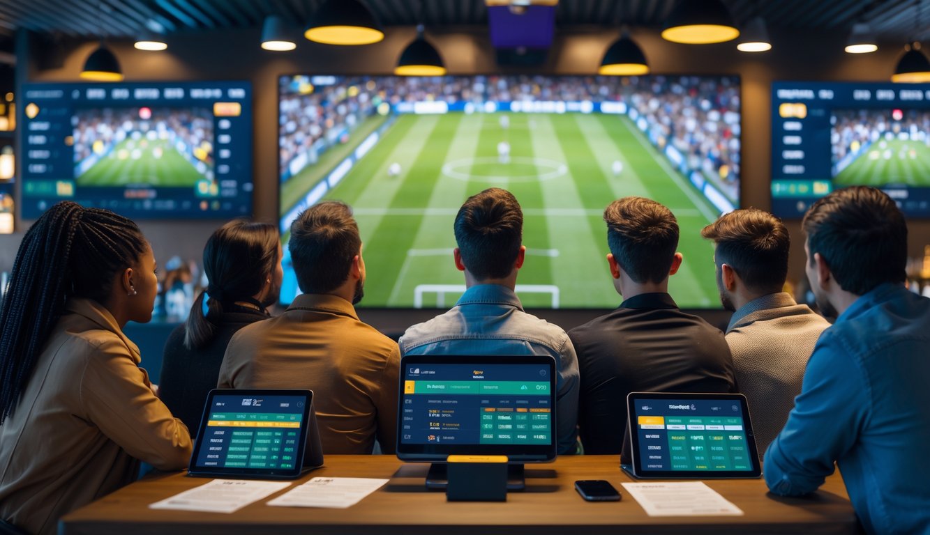 Sekelompok orang menonton pertandingan sepak bola di layar besar dengan perangkat elektronik di meja untuk memasang taruhan olahraga.