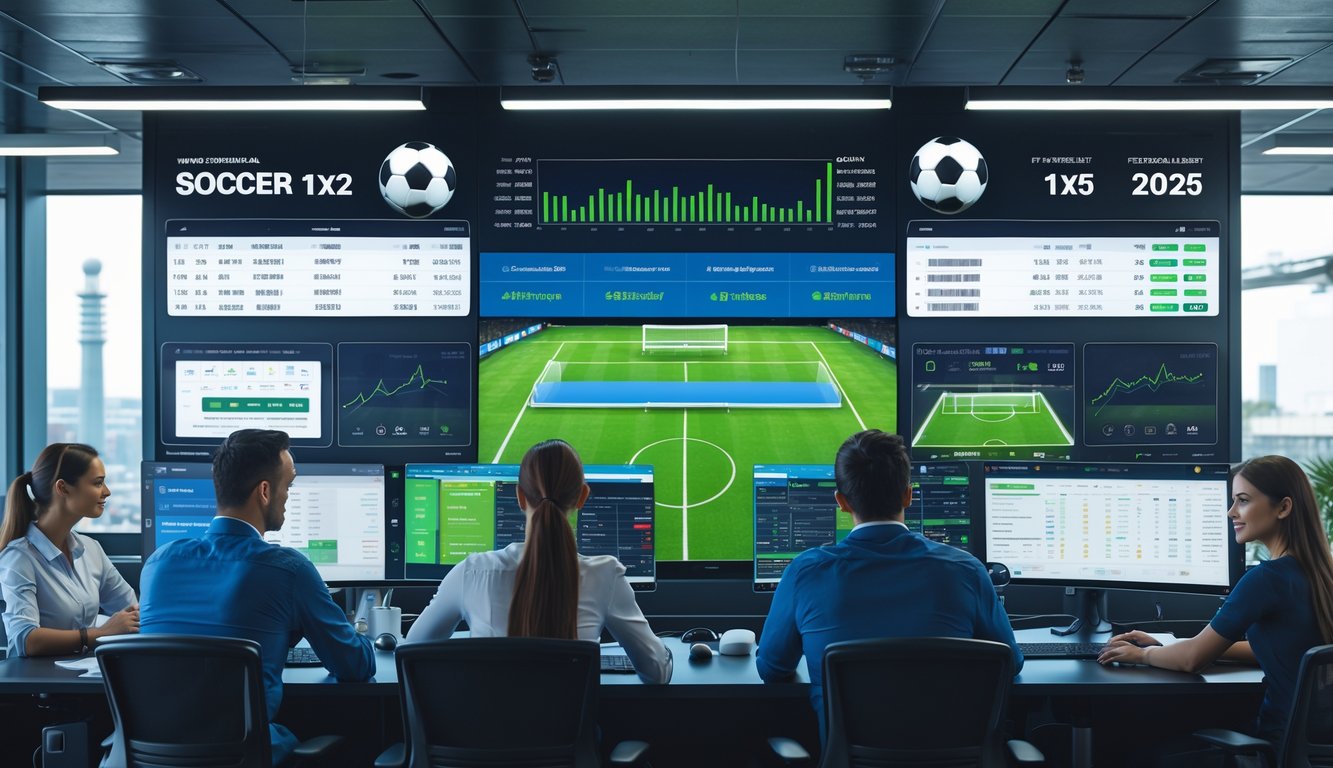 Orang-orang di kantor modern sedang menganalisis data pertandingan sepak bola dengan layar komputer besar, menunjukkan suasana kerja cepat dan profesional.