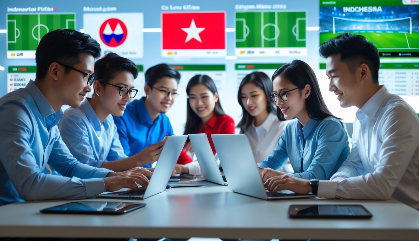 Sekelompok orang muda menggunakan perangkat digital untuk memasang taruhan sepak bola dalam suasana kantor modern.