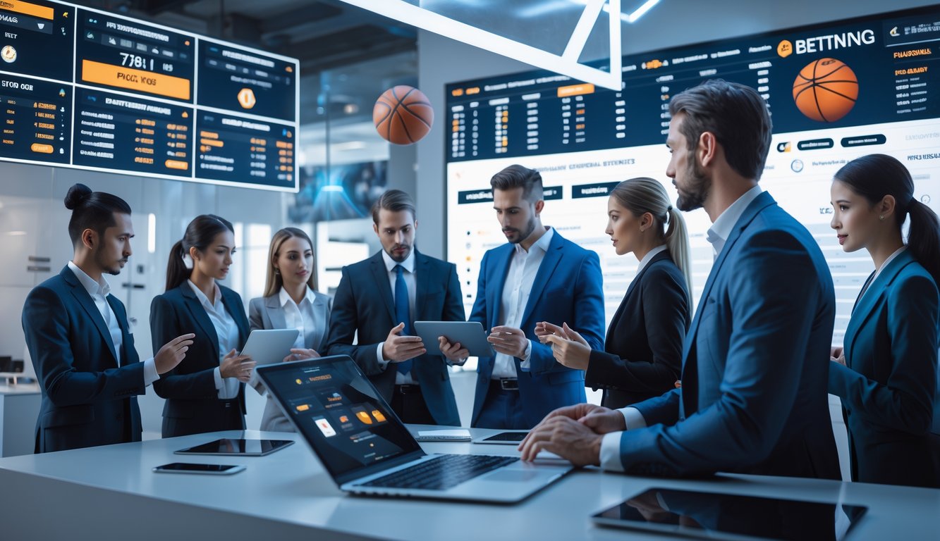 Suasana kantor agen taruhan basket dengan profesional yang sedang berdiskusi dan melihat data pertandingan basket di layar digital.