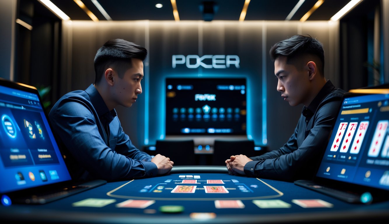 Dua orang sedang bermain poker online dengan perangkat digital di meja poker modern.