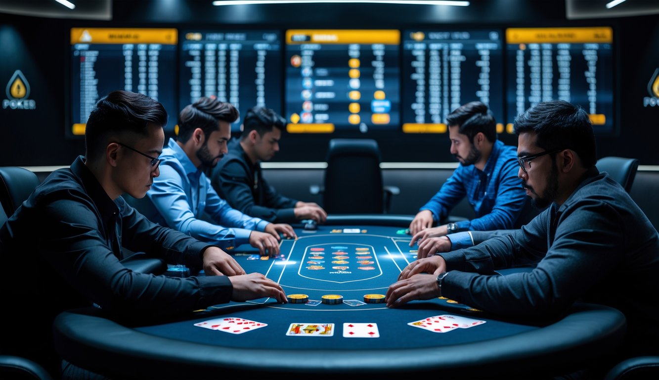 Beberapa pemain poker online sedang berkonsentrasi bermain di meja poker modern dengan latar belakang monitor menampilkan statistik permainan.