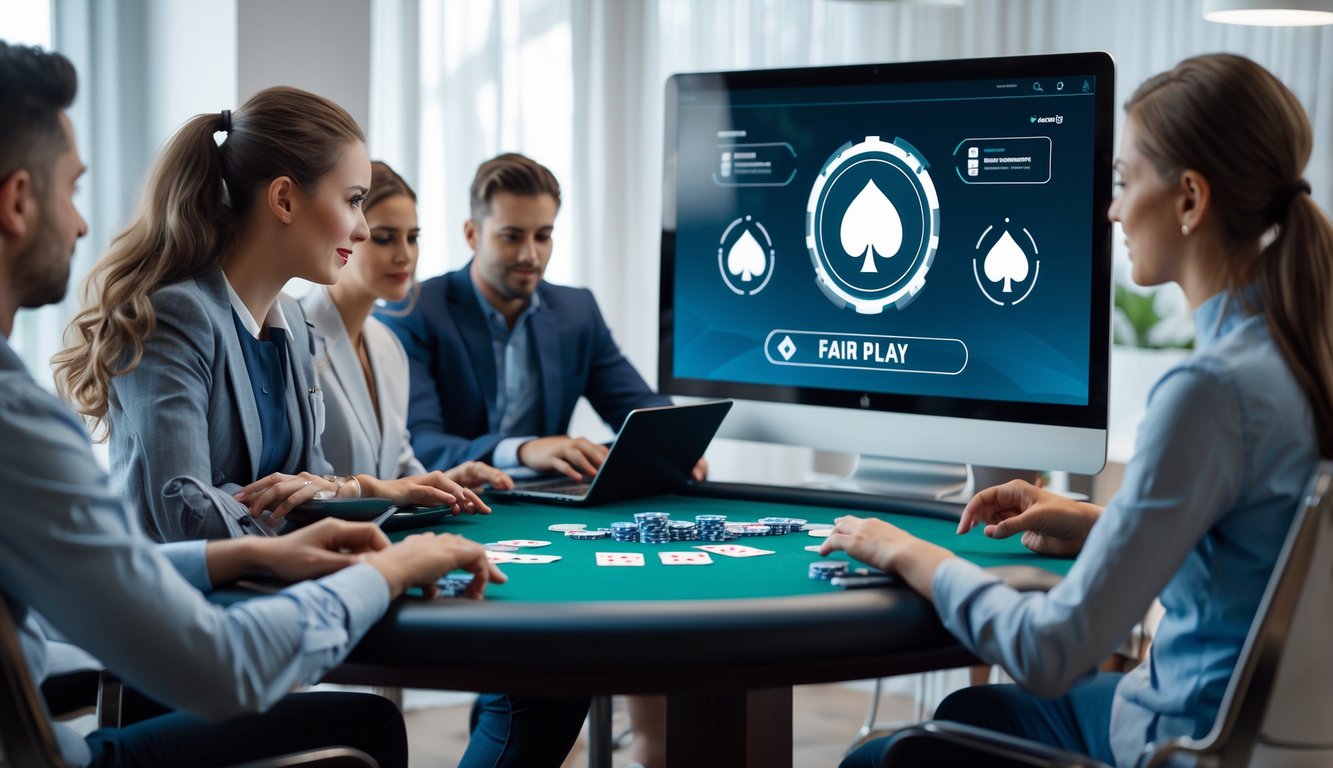 Sekelompok pemain poker online profesional sedang bermain dengan fokus di depan layar komputer modern yang menampilkan meja poker digital dan simbol sistem fair play.