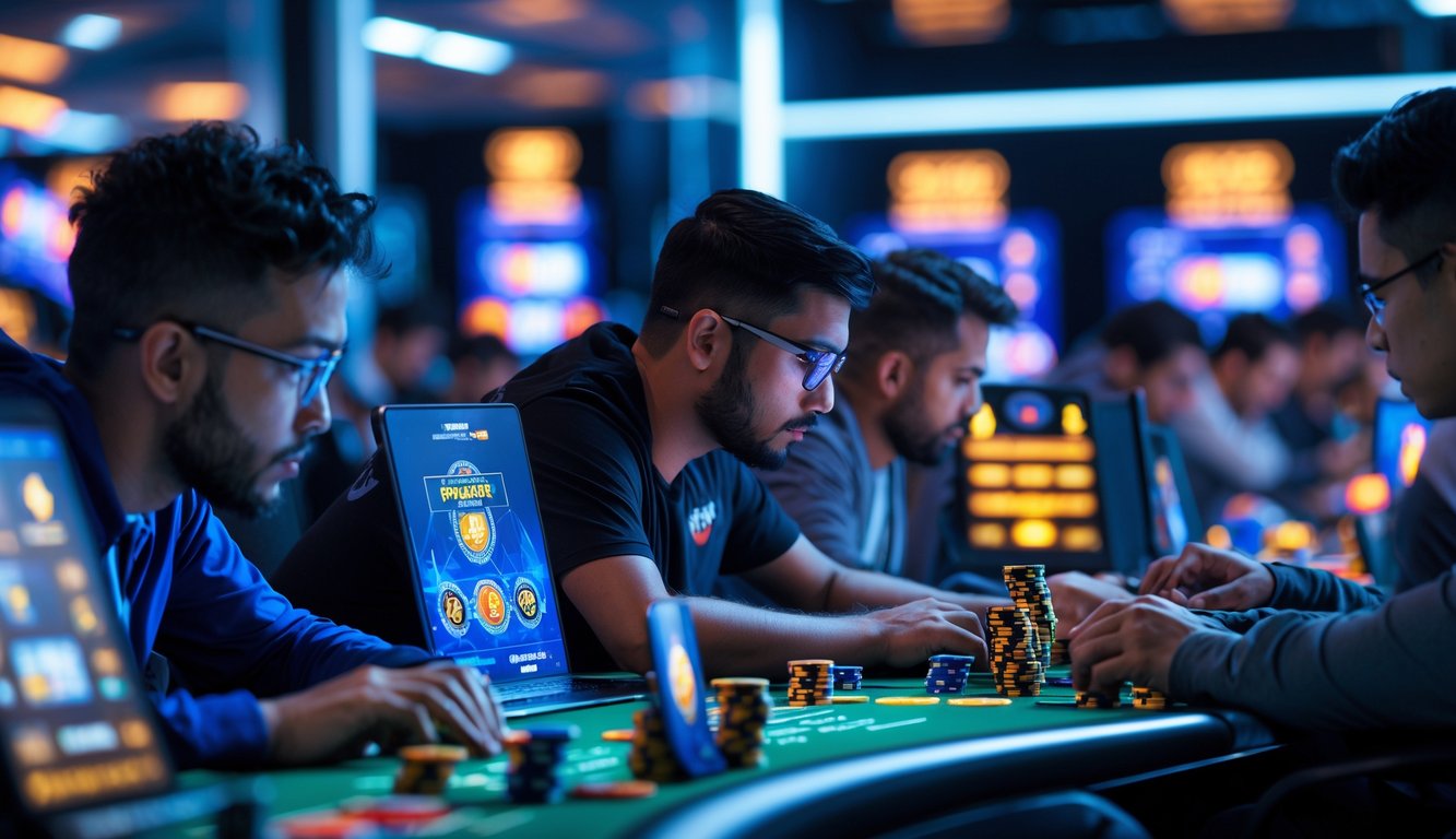 Beberapa pemain poker online fokus bermain dalam turnamen dengan latar digital modern dan elemen yang menunjukkan jadwal turnamen.