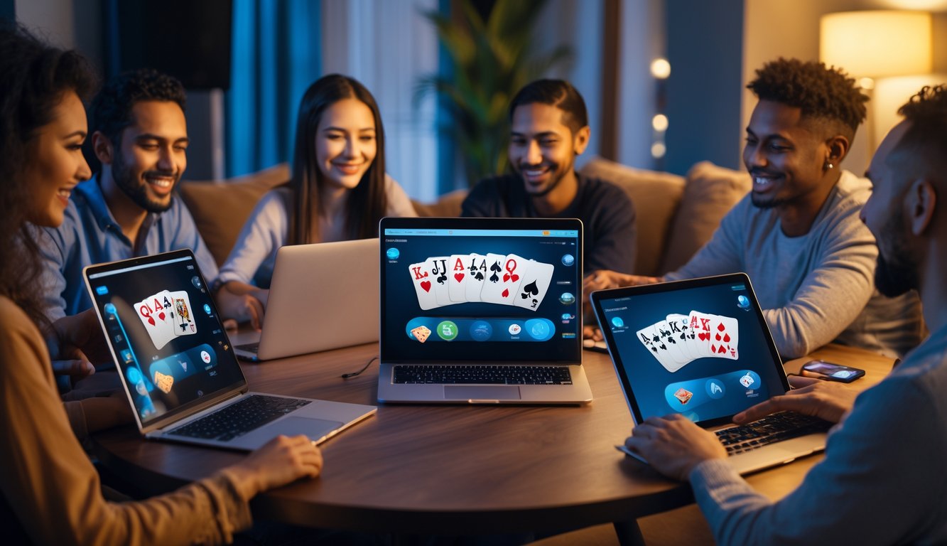 Sekelompok orang bermain poker online bersama di ruang tamu dengan koneksi internet yang stabil.