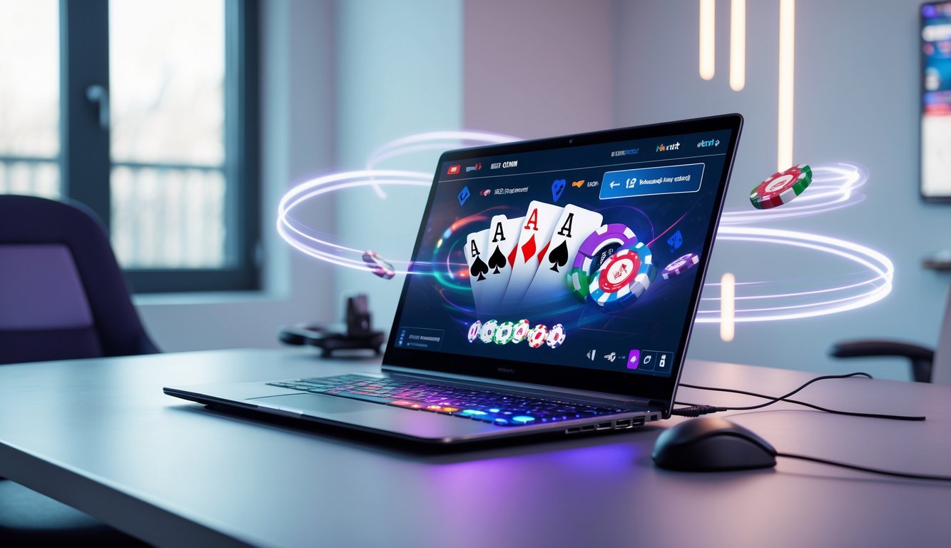Seseorang bermain poker online di depan komputer dengan tampilan permainan yang responsif dan chip poker di meja.