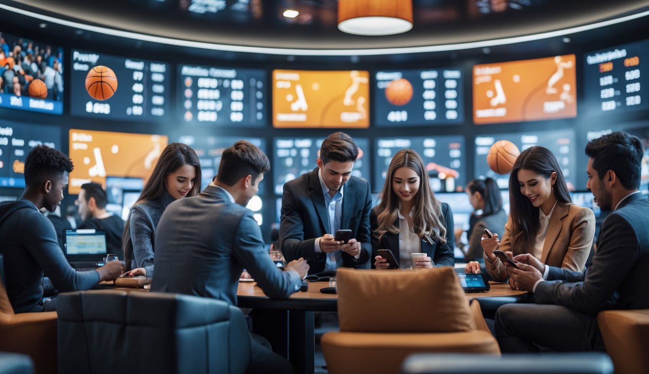 Sekelompok orang muda menggunakan perangkat digital untuk bertaruh pada pertandingan basket di ruang dalam yang modern dengan layar besar menampilkan statistik dan skor pertandingan basket.