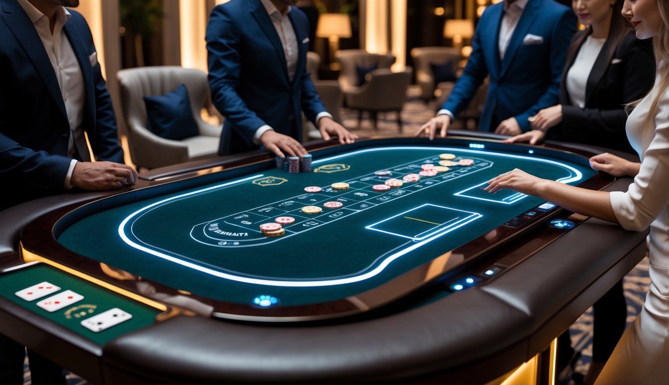 Meja permainan baccarat online dengan pemain berpakaian rapi sedang bermain di ruang kasino yang mewah.