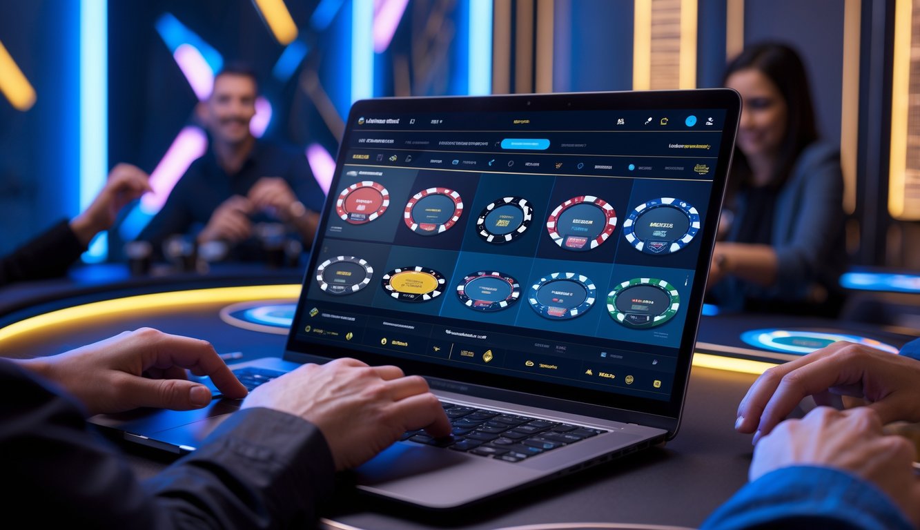 Seorang pemain menggunakan komputer dengan beberapa meja poker digital yang berbeda di layar, menunjukkan pengalaman poker online yang inovatif.