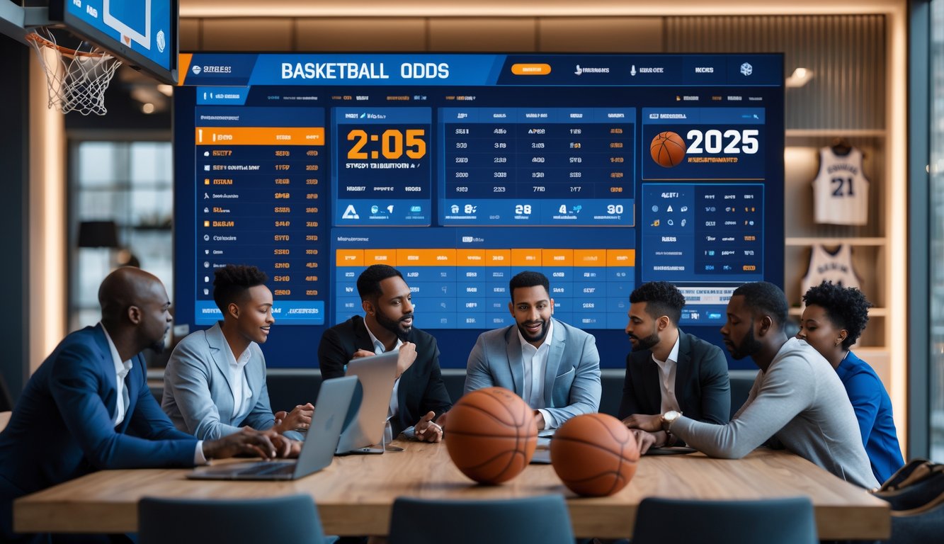 Orang-orang sedang melihat layar besar yang menampilkan data taruhan bola basket di sebuah ruangan modern.