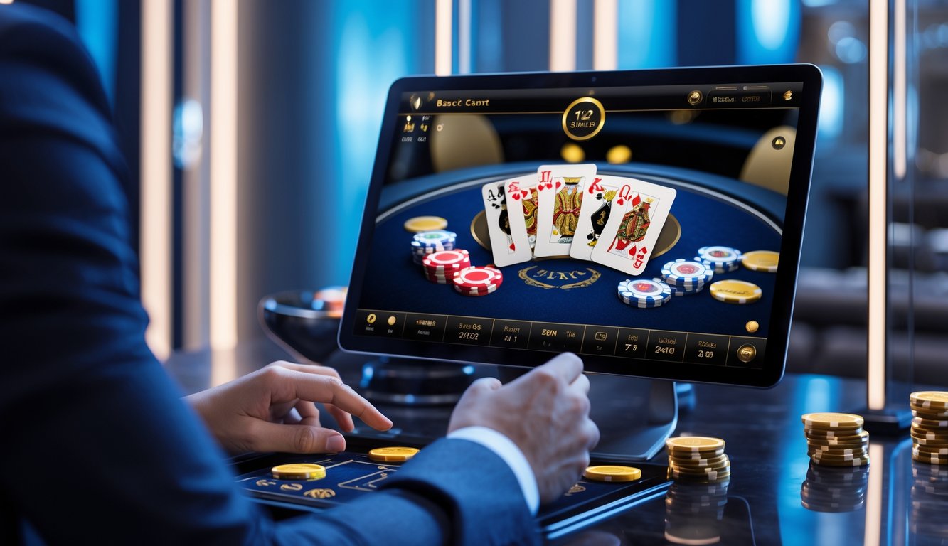 Seseorang menggunakan perangkat digital untuk bermain baccarat online dengan kartu dan chip di layar.