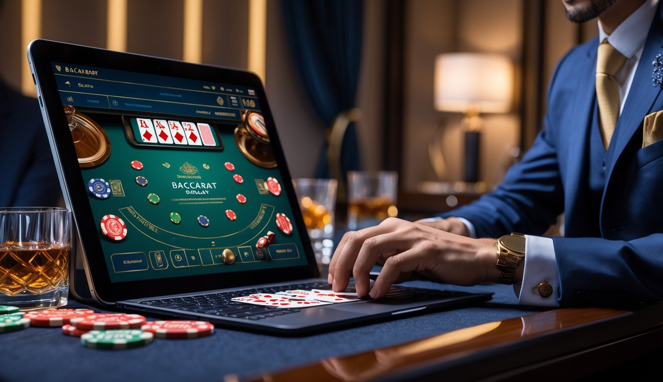 Seorang pemain berpakaian rapi sedang bermain baccarat online di perangkat digital di meja dengan suasana elegan dan pencahayaan hangat.