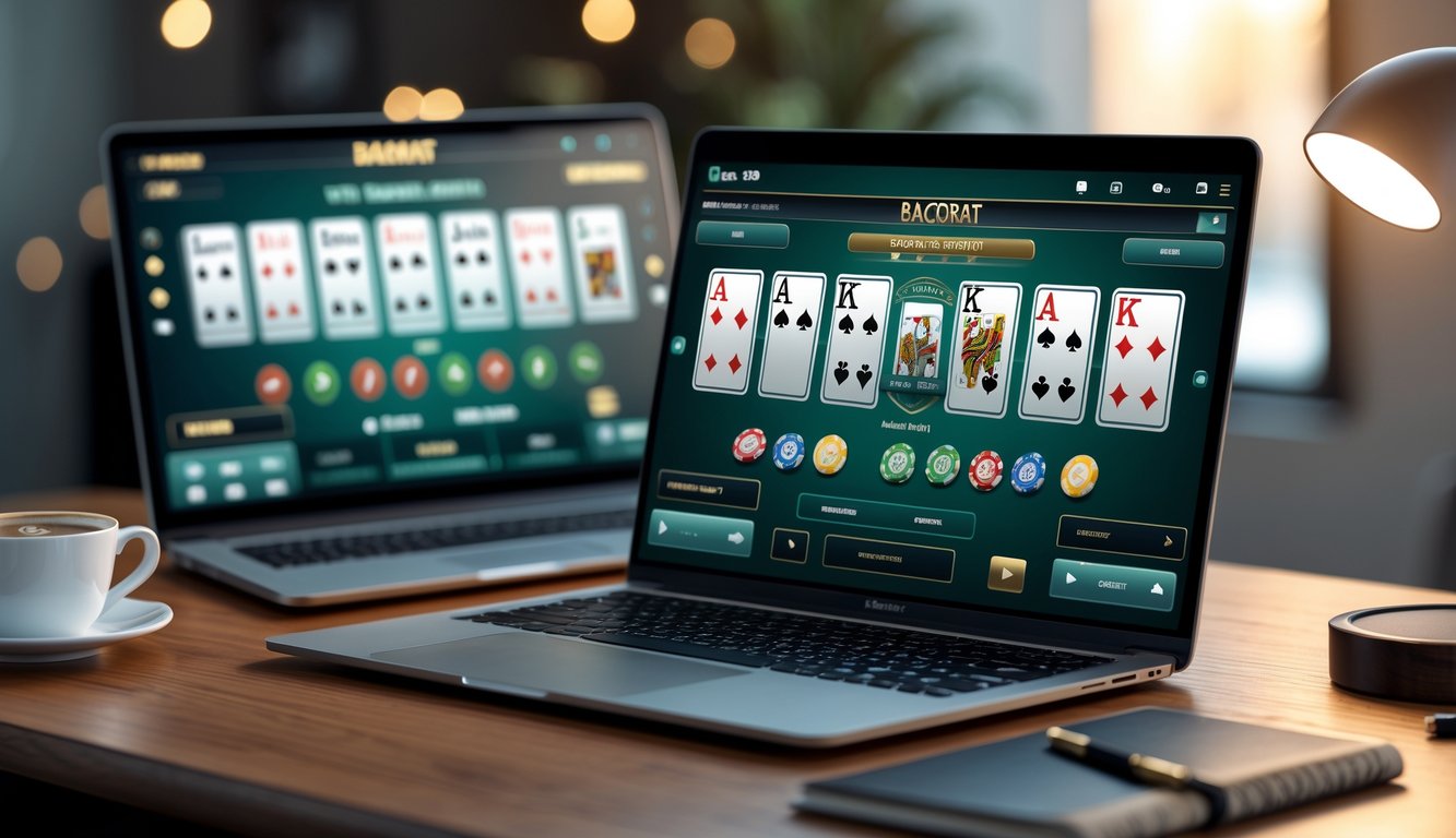 Layar laptop dan ponsel menampilkan permainan baccarat online dengan antarmuka yang responsif di atas meja kayu dengan suasana kantor yang nyaman.
