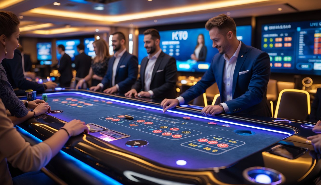 Meja kasino modern dengan layar sentuh interaktif dan beberapa pemain yang sedang bermain dalam suasana kasino online.