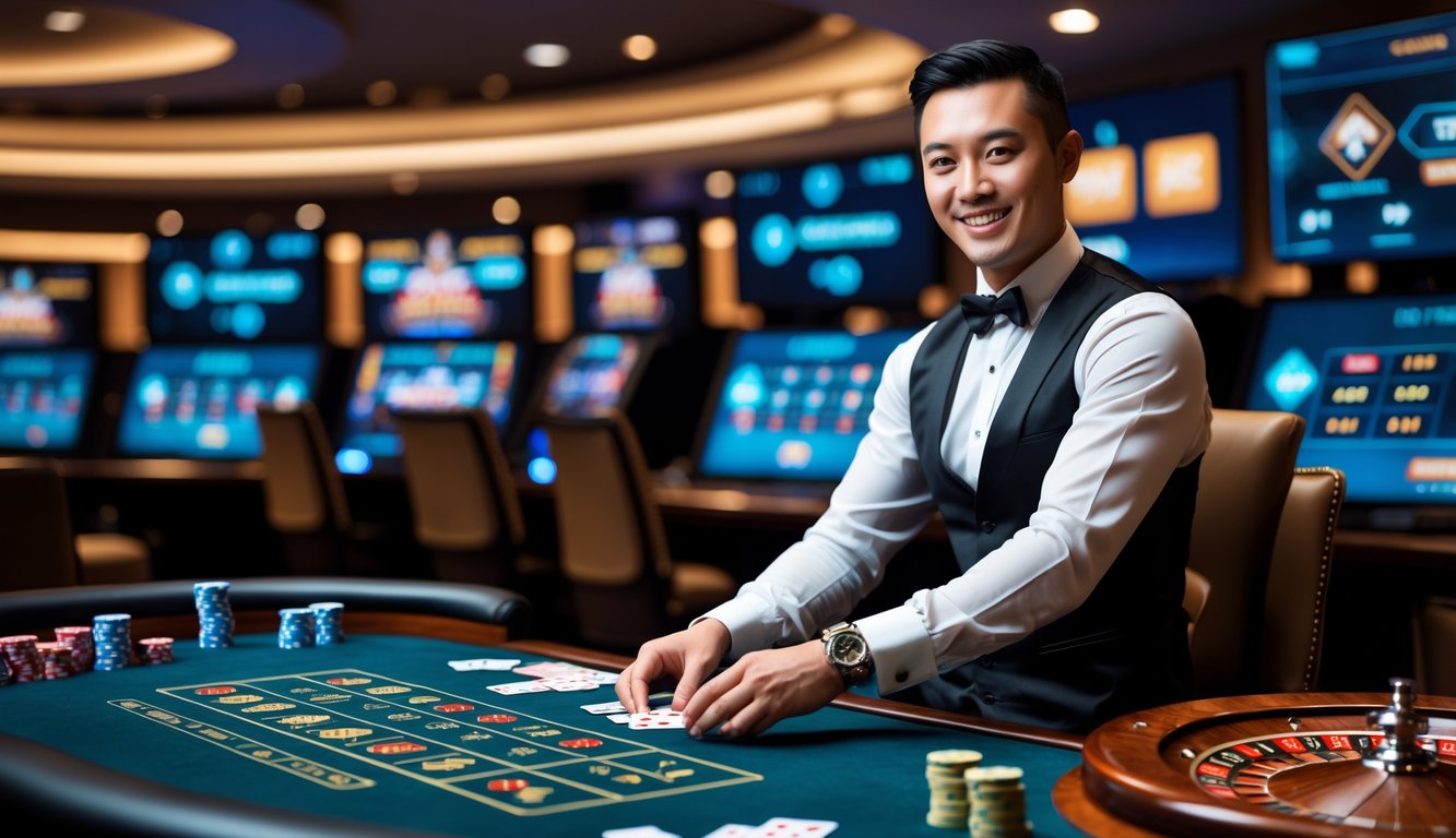 Seorang dealer profesional sedang mengatur kartu di meja kasino dengan layar dan peralatan permainan di latar belakang.