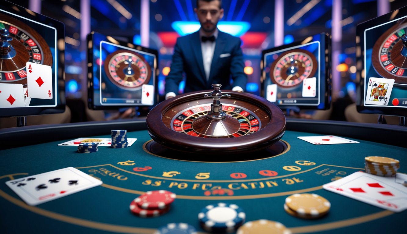 Seorang dealer kasino langsung sedang bermain di meja dengan tampilan streaming jernih dan peralatan kasino seperti roda roulette dan kartu.
