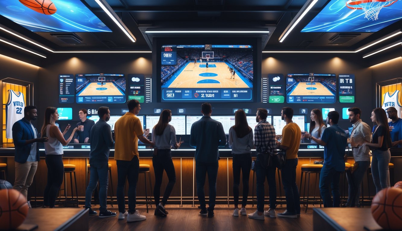 Sekelompok orang muda sedang menonton pertandingan basket langsung dan memasang taruhan di sebuah ruang taruhan modern.