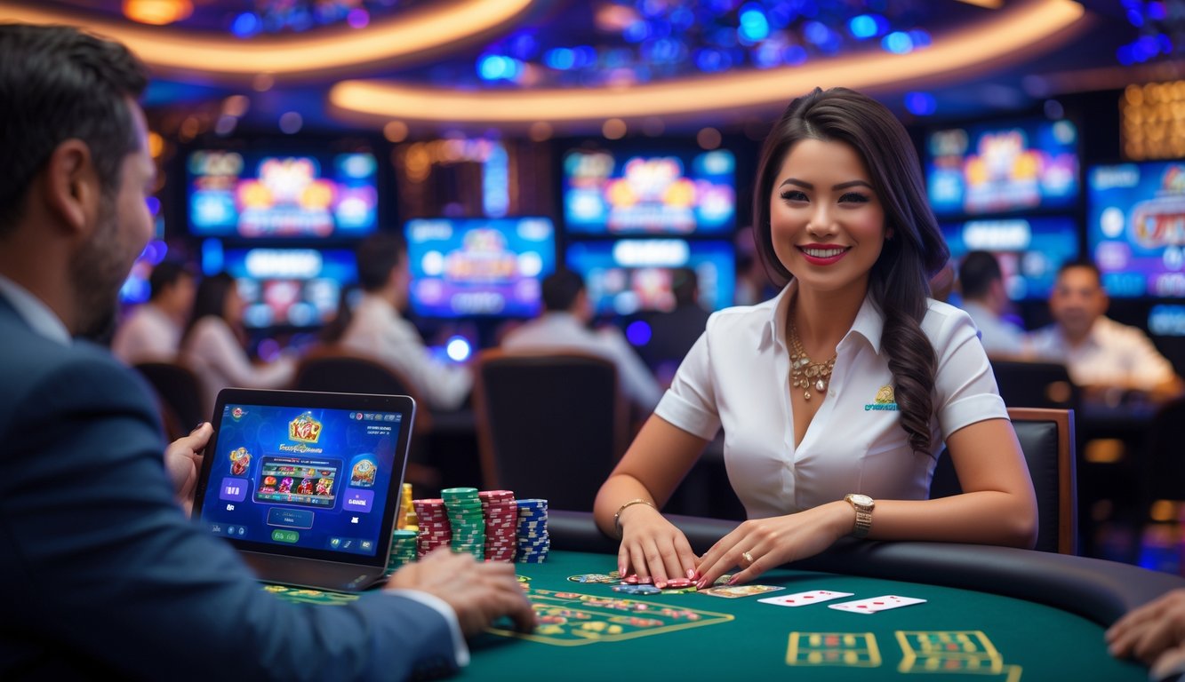 Seorang dealer wanita profesional tersenyum di meja permainan kasino langsung dengan latar belakang layar dan lampu berwarna-warni.