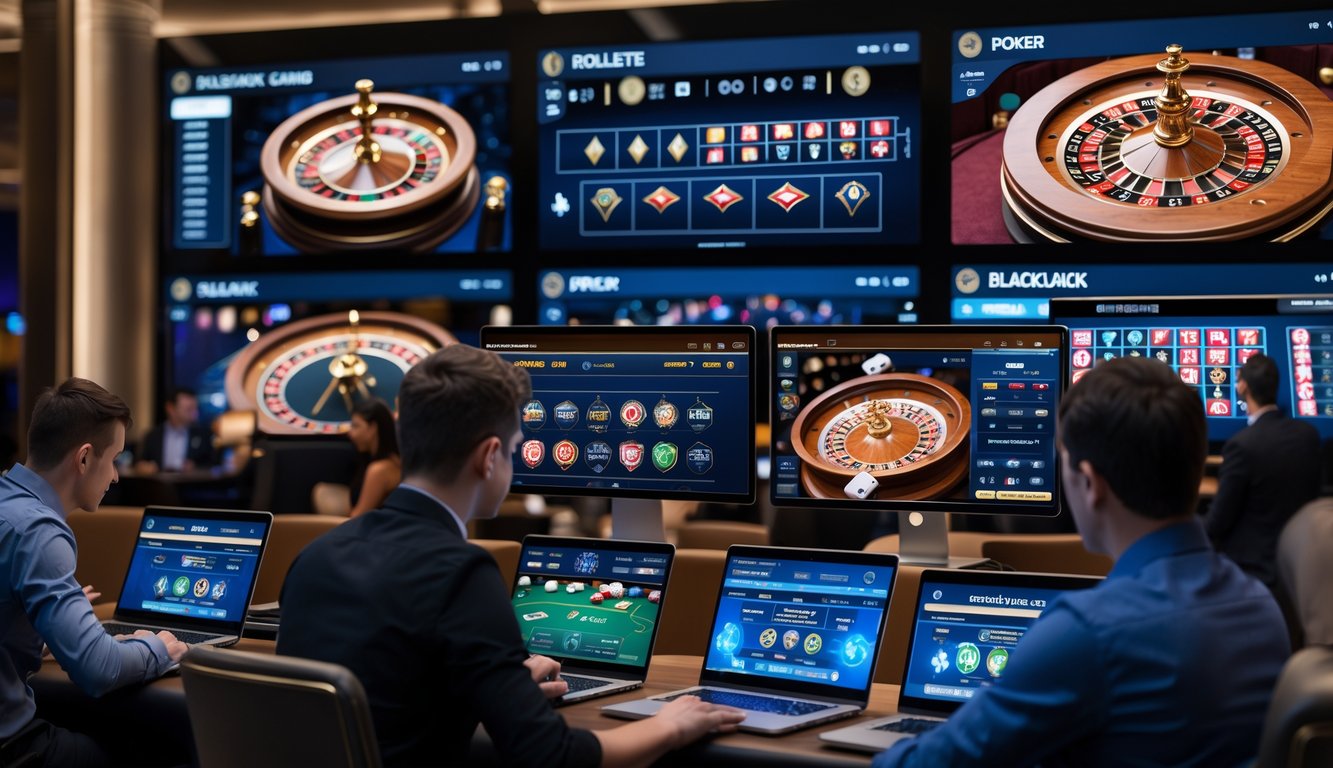 Sejumlah orang bermain kasino online menggunakan laptop dan ponsel di lingkungan kasino modern dengan layar digital menampilkan permainan secara langsung.
