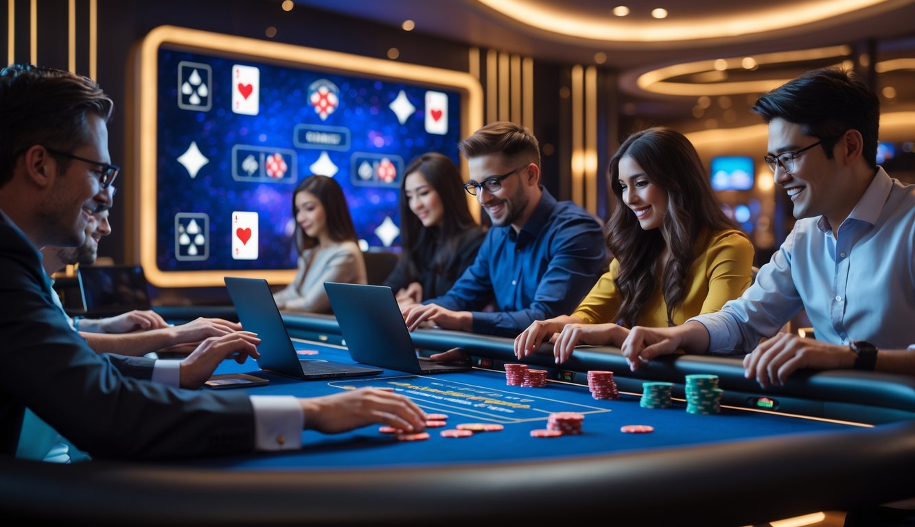 Sejumlah pemain sedang bermain di kasino online dengan meja permainan dan layar digital di ruangan yang modern dan terang redup.
