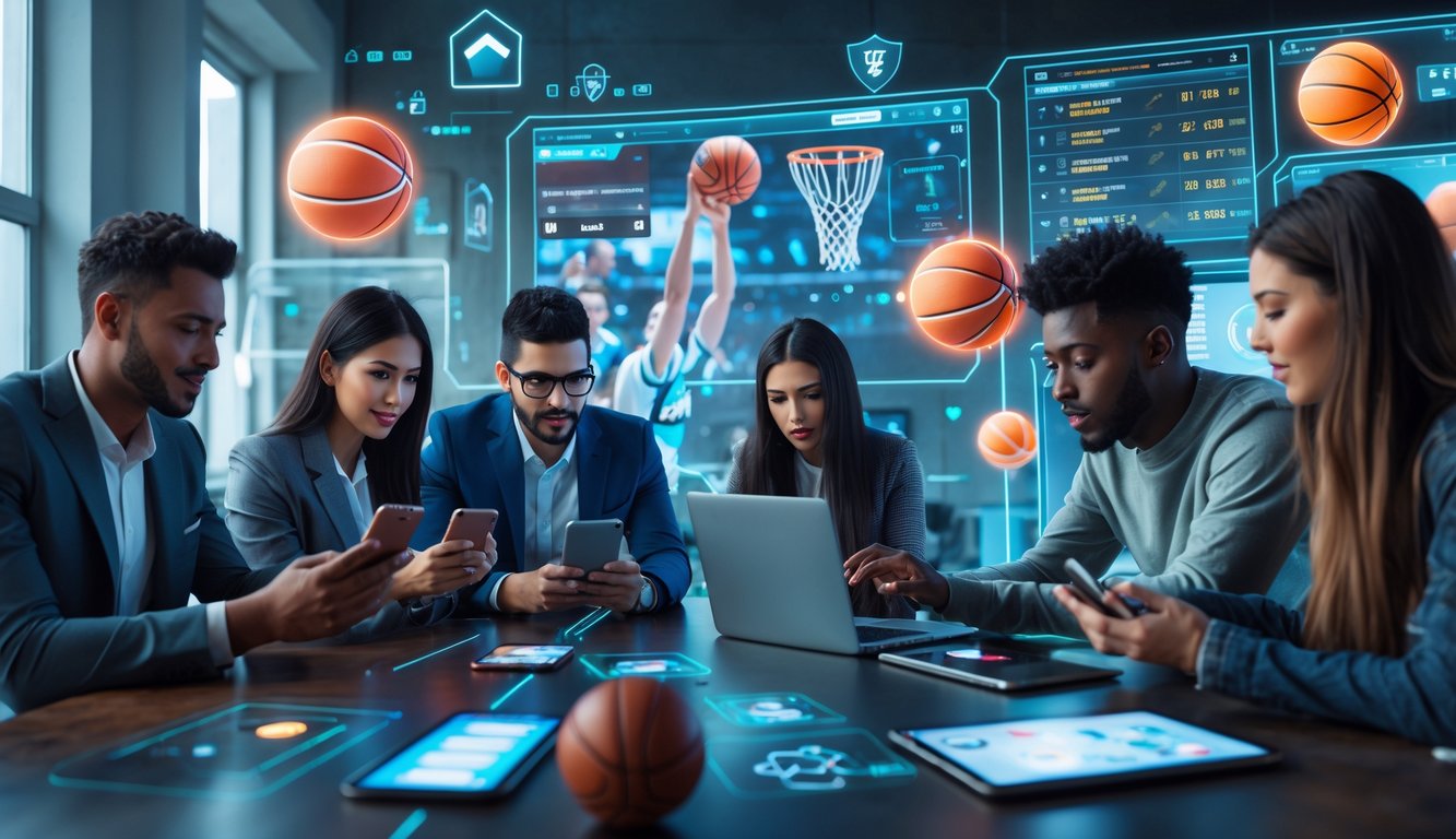 Beberapa orang muda menggunakan perangkat digital untuk taruhan bola basket online yang aman dengan latar belakang layar menampilkan statistik dan pertandingan bola basket.