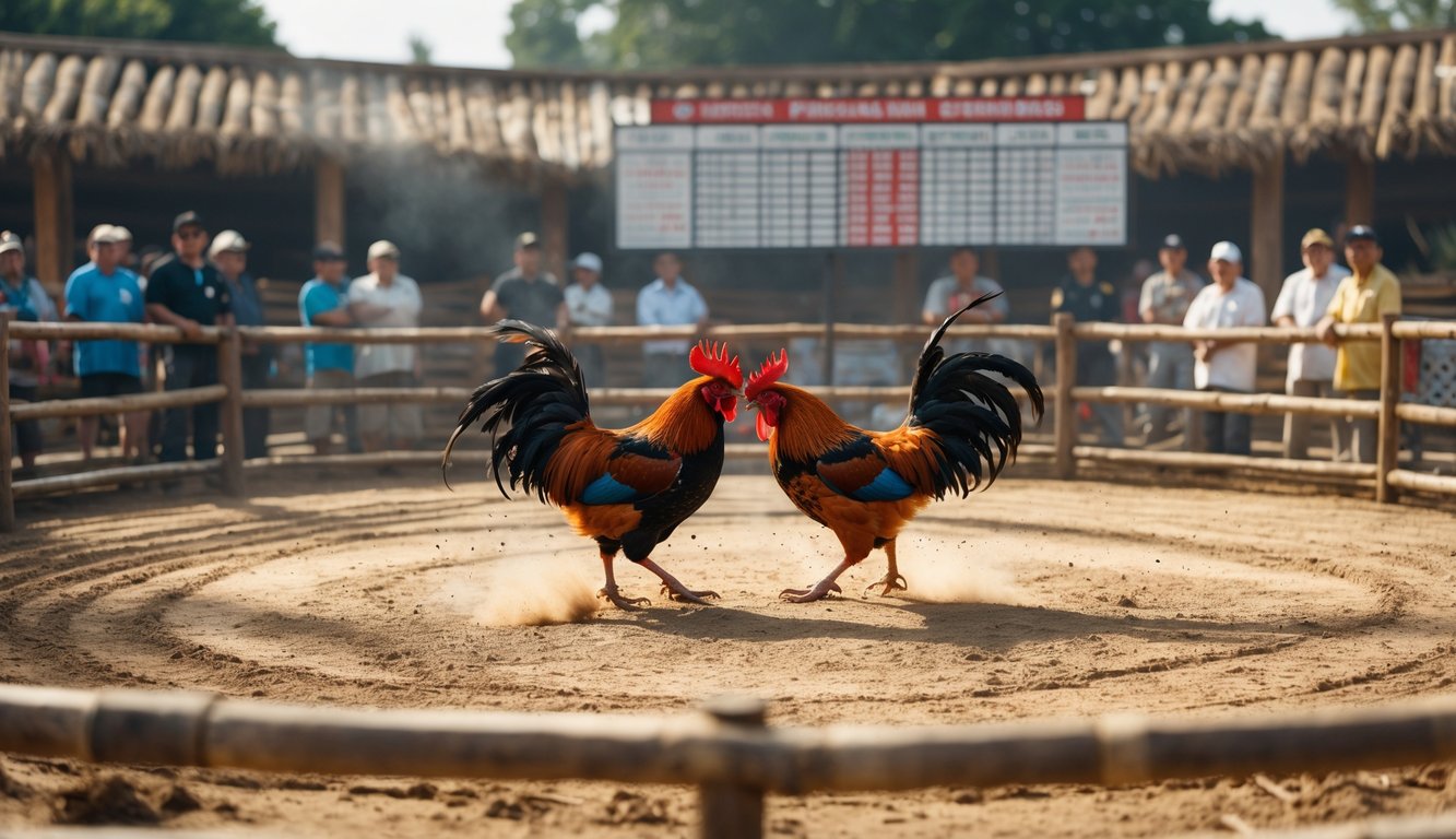 Arena sabung ayam dengan dua ayam bertarung di tengah dan penonton mengelilingi arena.
