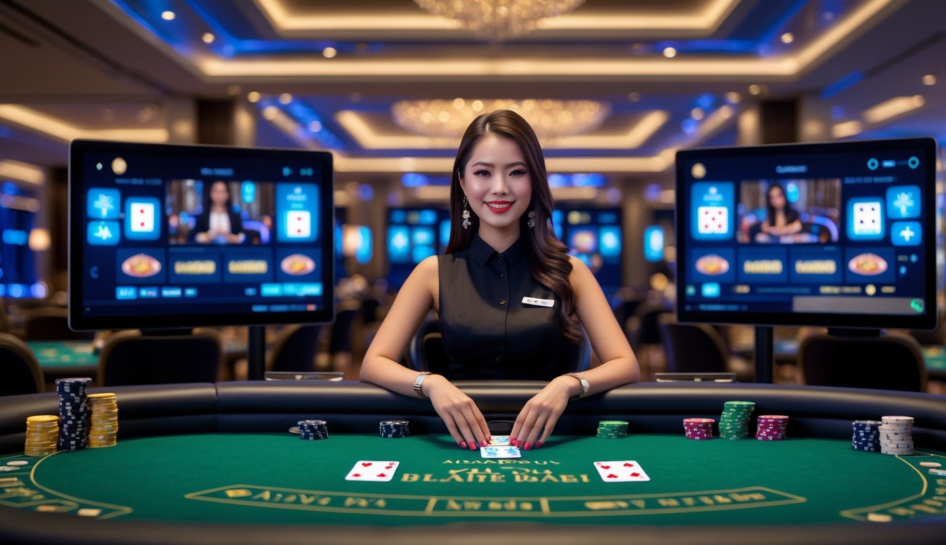 Seorang dealer wanita profesional di meja blackjack dengan layar menampilkan permainan kasino langsung di latar belakang.