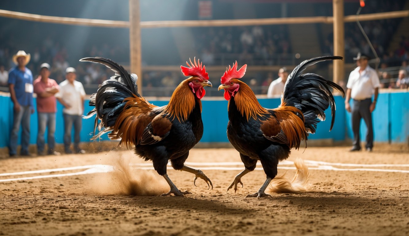 Dua ayam jago sedang bertarung di arena dengan penonton yang memperhatikan pertandingan secara teratur.