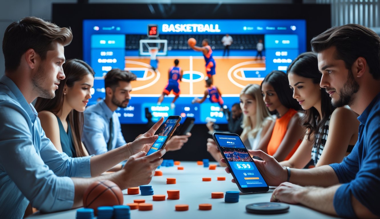 Sekelompok orang muda menggunakan perangkat digital untuk memasang taruhan pada pertandingan bola basket yang sedang berlangsung di layar besar.