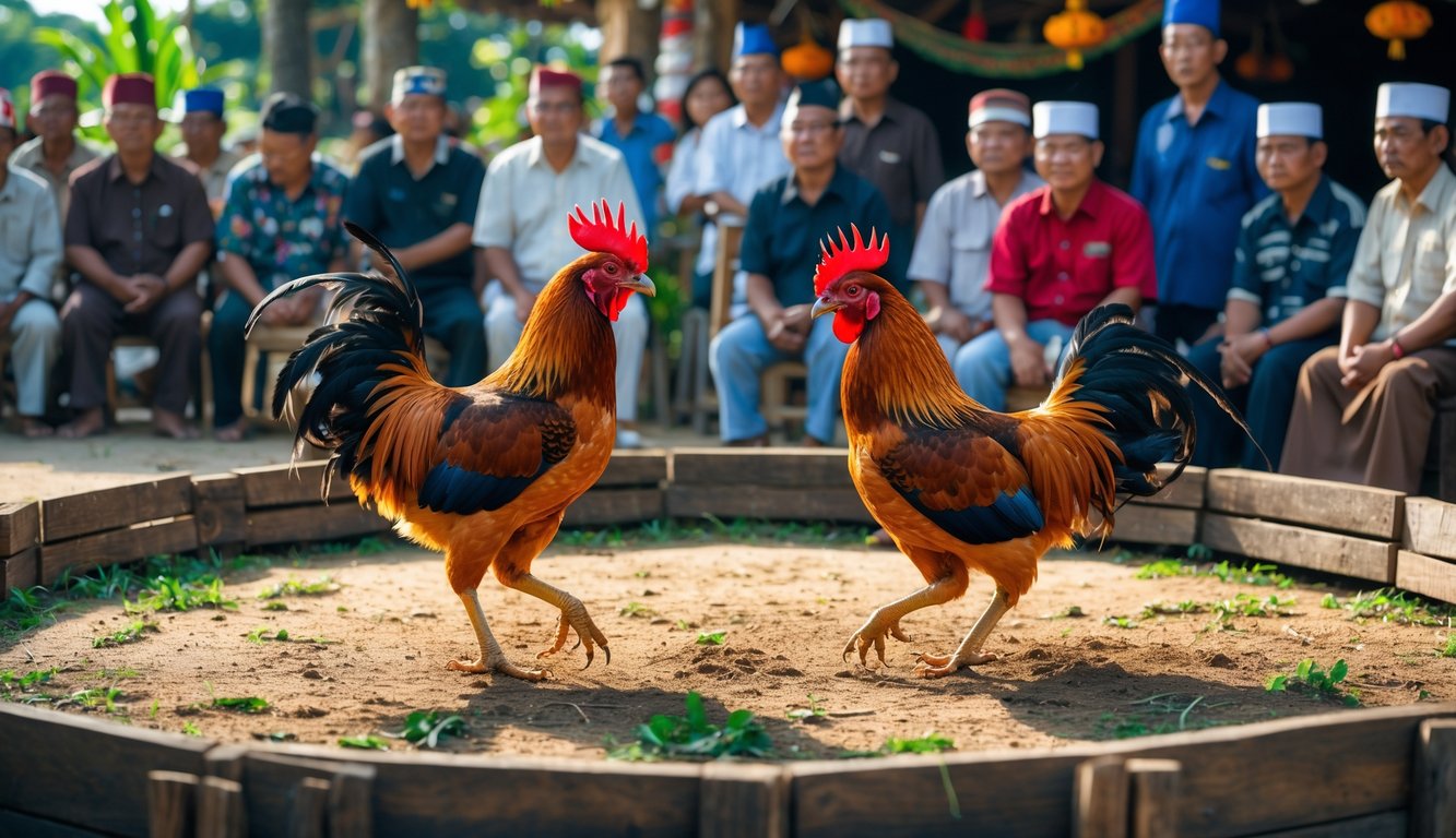 Dua ayam jago sedang bertarung di arena kayu dikelilingi oleh sekelompok orang yang memperhatikan dengan serius.