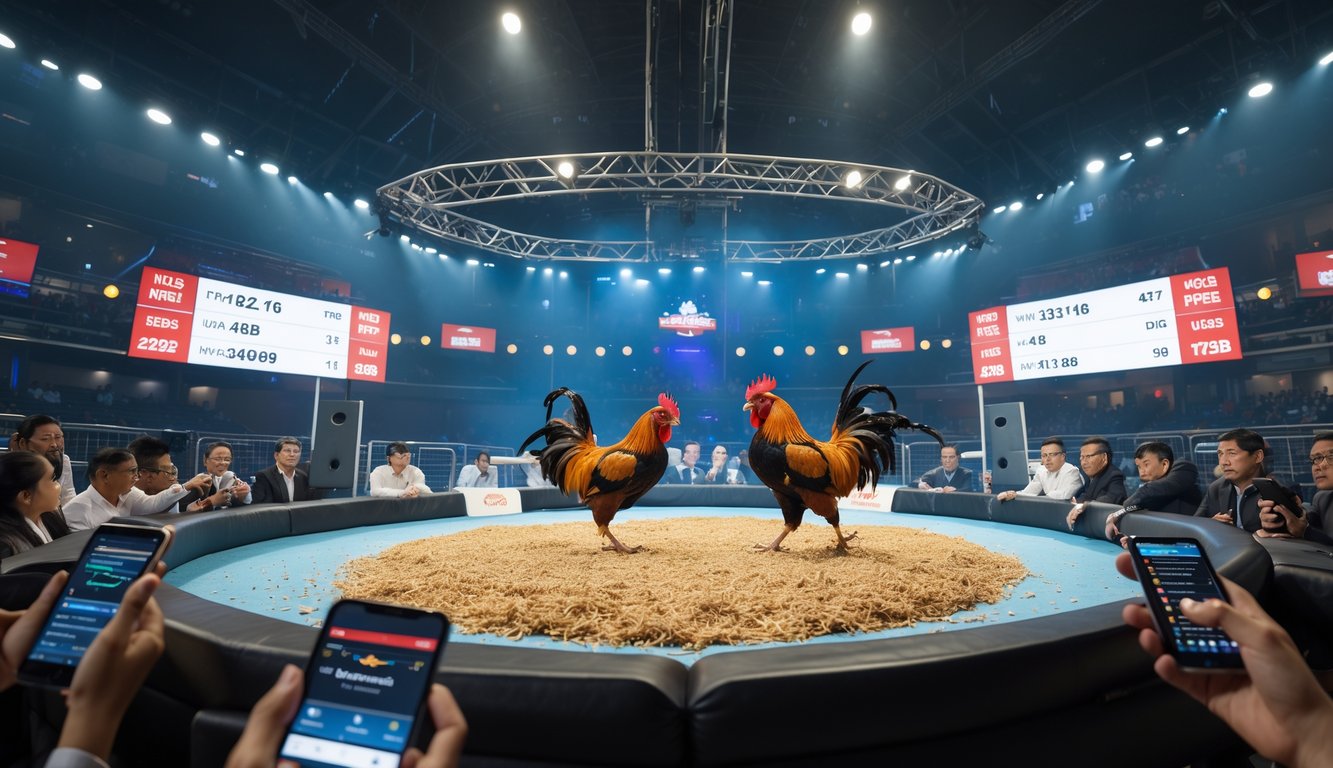 Pertarungan dua ayam jago di arena modern dengan layar digital dan penonton menggunakan perangkat teknologi.